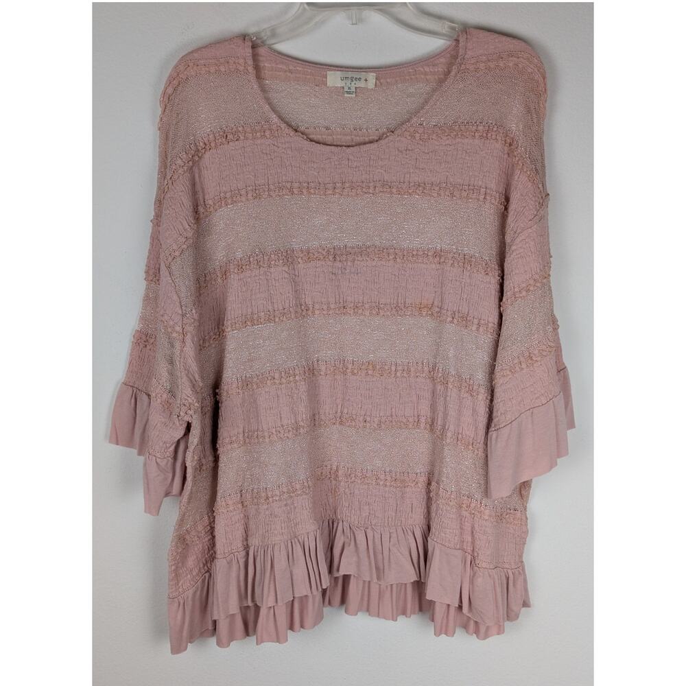 Umgee Plus XL Dusty Rose Smocked Textured Ruffle Tunic Top Lace Boho Shimmer